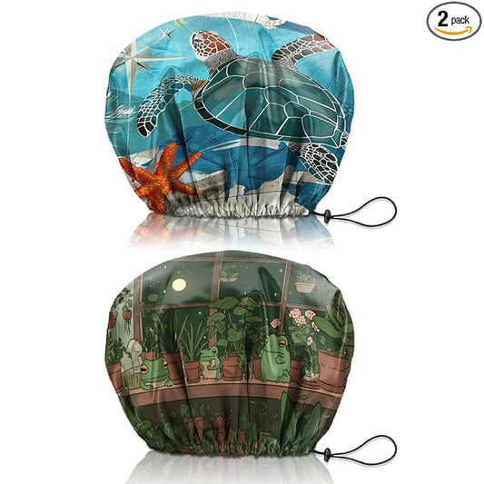 2 PCS Shower Cap Reusable Waterproof Double Layers Hair Caps Shower Bath Adjustable Elastic Hat for Women Girls Cute Aesthetic-Sea Turtle Frog