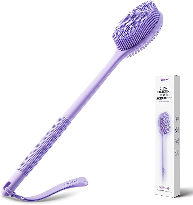 CORATED Silicone Back Scrubber for Shower, 2‑in‑1 Body Brush with Handle | Exfoliating Body Scrubber for Women & Men Daily Use, Loofah Alternative Bath Accessories