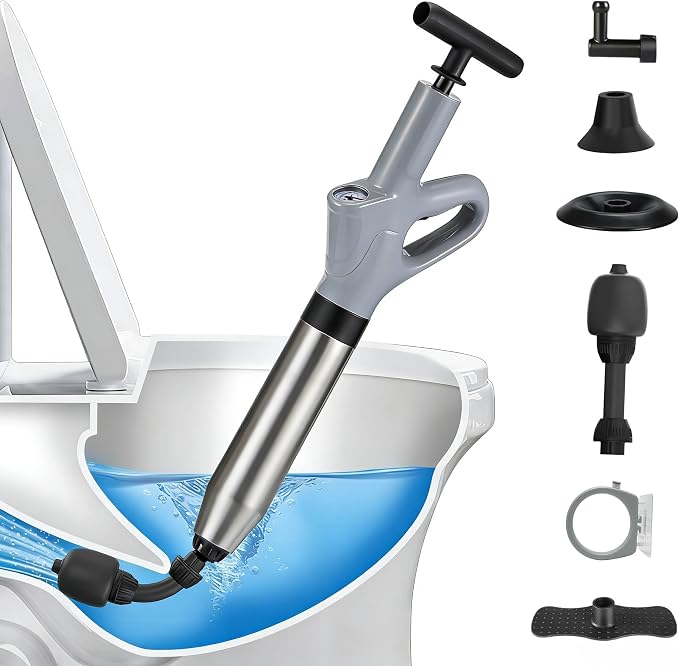 Toilet Plunger, High Pressure Drain Unclogger Plungers with Pressure Gauge, toilet auger Air Drain Blaster, Versatile Heavy Duty Clog Remover for Bathroom, Kitchen, Floor Drain (Gray)