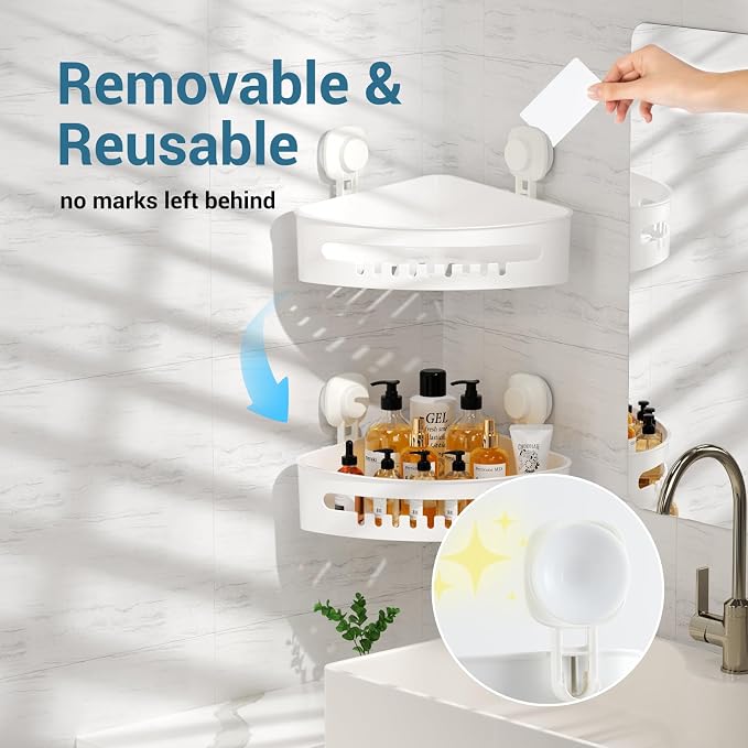 LUXEAR Corner Shower Caddy Suction Cup No-Drilling Removable Shower Caddy Basket Powerful Suction Bathroom Shower Shelf Waterproof & Rustproof Organizer for Bathroom Storage - White