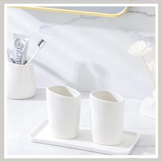 Ceramic Bathroom Accessory Set, 7 Pieces Countertop Accessories, Include Soap Dispenser, Toothbrush Holder, 2 Tumbler Cup, Soap Dish, Plastic Vanity Tray, Qtip Holder (White)