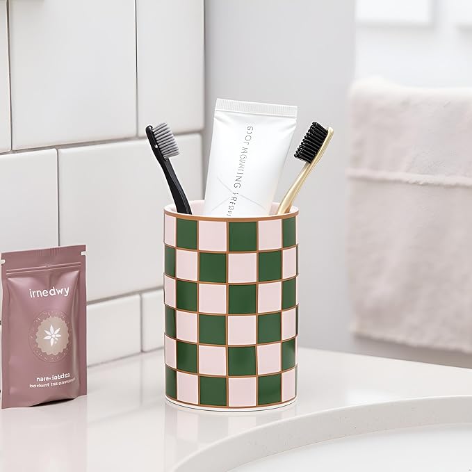 Checkered Bathroom Toothbrush Holder, Bathroom Black and White Ceramic Toothbrush Holder, Modern Toothbrush Box, Used for Bathroom countertop Storage Rack, Checkered Bathroom Decoration (Green)