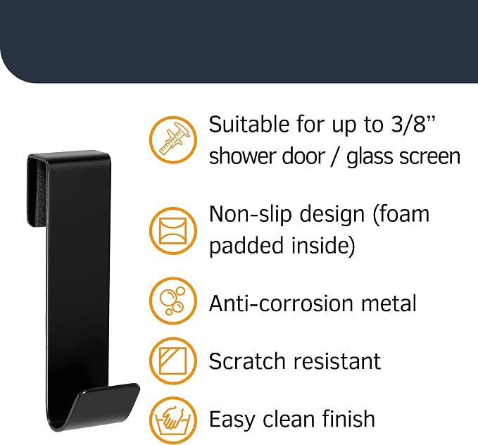 3" Shower Hooks, Black, 2 Pack - Towel & Door Hook for Frameless Glass Shower Door 3/8"(10mm)