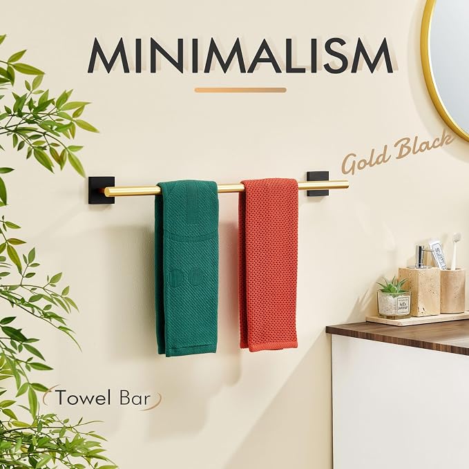 KOKOSIRI Bathroom Towel Bar Bath Towel Holders for Toilet Kitchen Cabinet Wall Mount 24 Inch Black with Gold Stainless Steel B4005GDK-L24