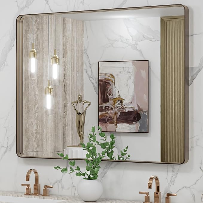 LOAAO 40"X32" Bronze Bathroom Mirror | Rounded Rectangle, Brushed Bronze Metal Frame, Anti-Rust, Tempered Glass, Hangs Horizontally or Vertically