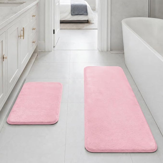 Bathroom Rugs Sets 2 Piece, Non-Slip & Quick Dry Bath Mat Set, Ultra Soft Velvet Bath Rugs for Bathroom, Toilet and Shower Floor, Rose Pink