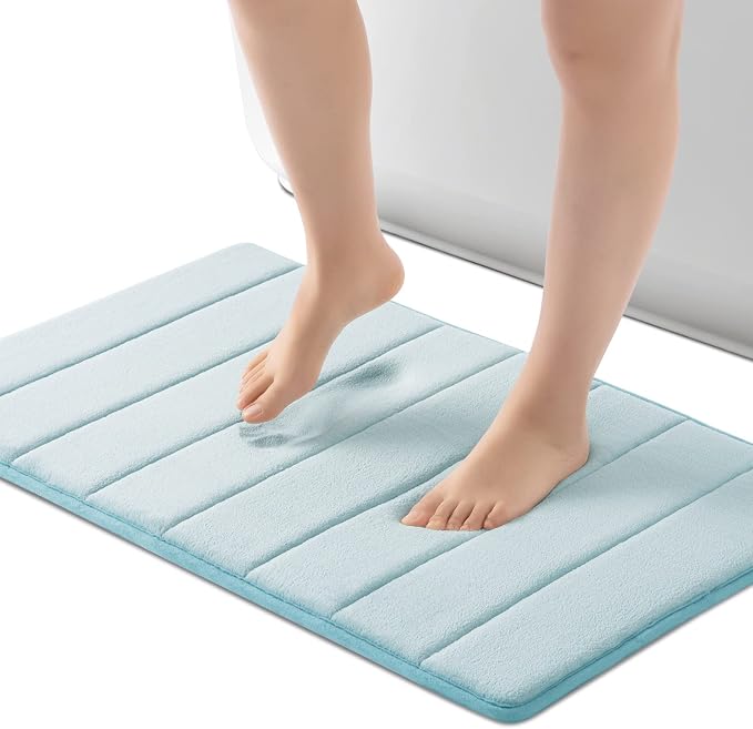 ROSMARUS Memory Foam Bath Mat, 17''x24'', Aqua Blue | Water Absorbent, Ultra Soft, Non Slip, Thick Foam, Bathroom Rugs for Floor & Tub, Machine Washable Care