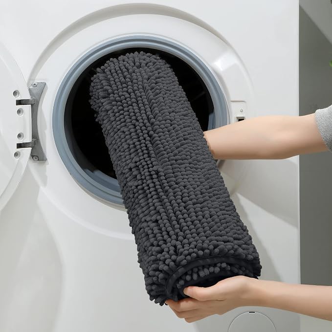 HOMEIDEAS Dark Grey Chenille Bathroom Rugs Set of 3, Non Slip Bath Mat | Super Absorbent, Soft Microfiber, Machine Washable, Stain Resistant, for Bathroom Decor