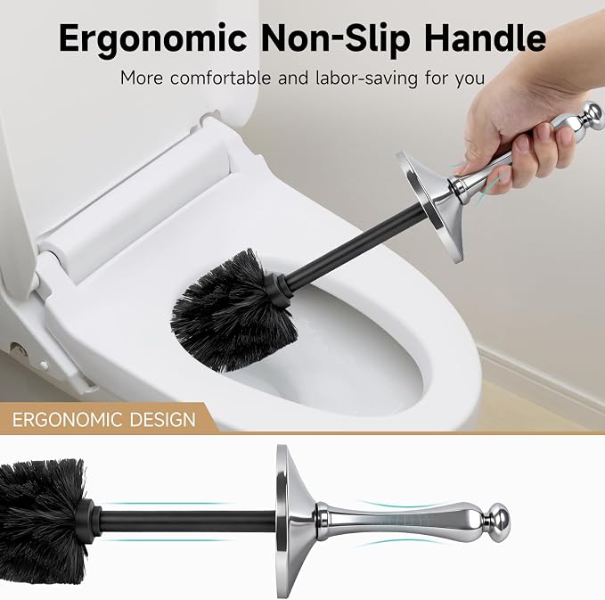 Silver Toilet Brush and Holder，Extra Long Handled Toilet Brush for Bathroom，Stainless Steel Heavy Duty Toilet Bowl Brush,Deep Cleaning Modern Toilet Cleaner Brush -Space Saving, Covered Brush