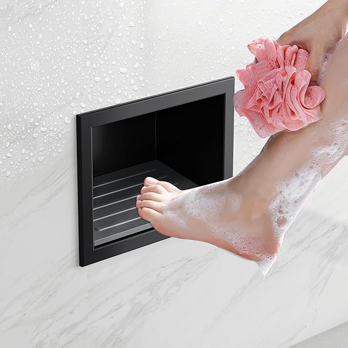 Qeke Shower Foot Rest for Shaving Legs, 304 Stainless Steel Footrest Niche with Shaving Holder, Recessed Shower Niche for Shaving Legs, Matte Black