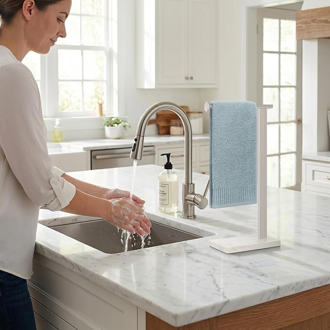 Hand Towel Holder Stand, 14.5" Hand Towel Rack with Weighted Marble Base, 304 Stainless Steel L-Shape Standing Towel Bar for Vanity Bathroom Kitchen Countertop (Brushed Nickel)