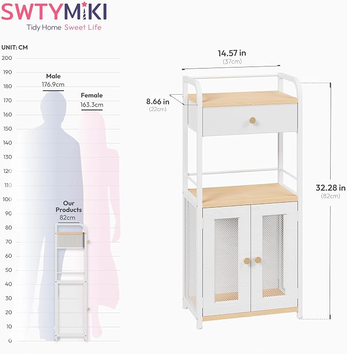 SWTYMIKI 14.57"x32.28" Bathroom Storage Cabinet – Freestanding Storage Cabinet with Doors and Drawer, Bathroom Organizers and Storage for Small Spaces – Ideal for Towels and Toiletries, Natural
