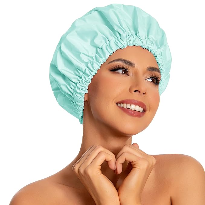 Edoneery Shower Caps for Women Reusable Waterproof, Shower Hair Cap | Washable Bonnet, Wide Elastic Band, Large Fit, Holds Long Hair, Braids Friendly, Bath Accessories, Spa, Travel