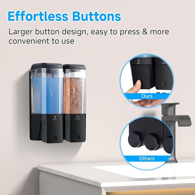 Shampoo and Conditioner Dispenser,GlintGath Shower Dispenser 2 Chamber No Drill Shampoo Dispenser for Shower Wall Mounted Shower Soap Dispenser for Bathroom Hotel,Large Capacity 2 * 500ML,Black