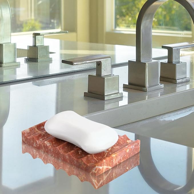 Luxury Marble Travertine Soap Dish Tray,Rectangle Stone Marble Soap Tray,Self Draining Soap Holder for Bathroom, Kitchen (Red Travertine)