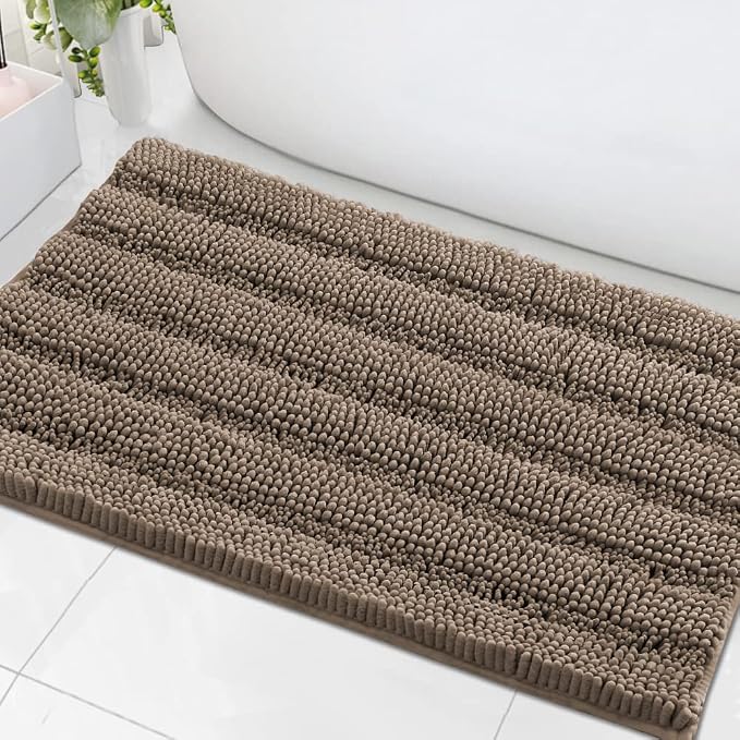 H.VERSAILTEX Bath Mats for Bathroom Non Slip Extra Thick Chenille Striped Bath Rug 24" x 36" Absorbent Non Skid Fluffy Soft Shaggy Rugs Washable Plush Mats for Indoor, Bath Room, Tub - Taupe Brown