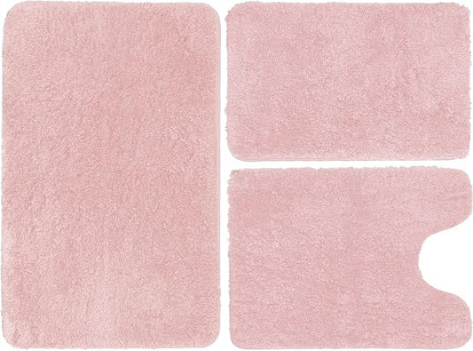 Pink Luxury Bathroom Rugs Set 3 Piece, Shaggy Bath Mats for Bathroom Non-Slip, Soft Shaggy Absorbent Microfiber Bath Mat, Machine Washable, Plush Bathmat Runner Carpet, Thick Fluffy Plush Floor Mat