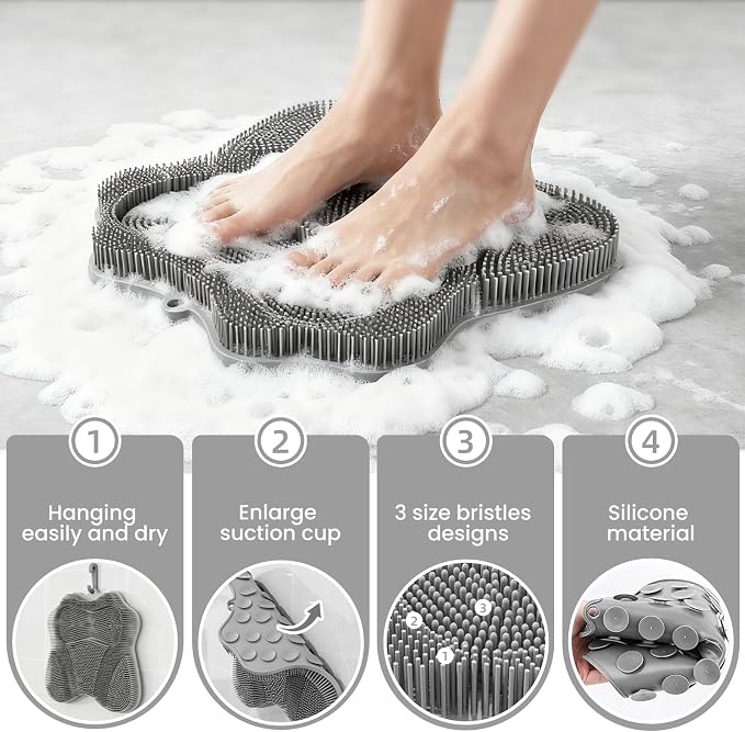 2PACK Shower Foot Scrubber Mat,Wall Mounted Back Scrubber Silicone Bath Massager Cushion Brush with Non-Slip Suction Cups,Foot Scrubber for Use in Shower for Improve Skin Exfoliation