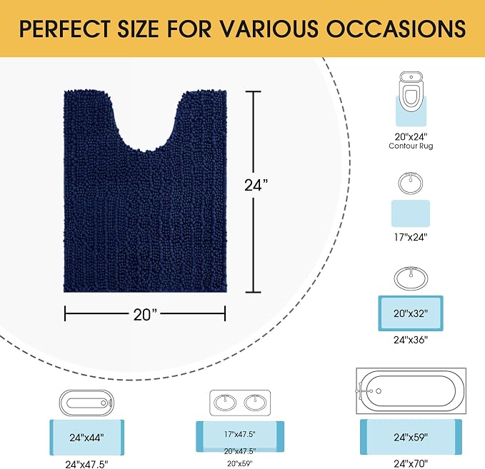 ACCUMTEK Upgrade Luxury Navy Blue Toilet Bathroom Rug Mat 24" x 20" Contour Rug, Ultra Soft Thick Absorbent Bath Mats, Non Slip Chenille Toilet Mat for Bathroom, Bedroom, Kitchen, Shower, Tub