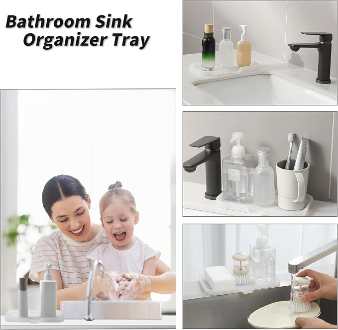 MicoYang Silicone Soap Dish with Drain Spout — Self-Draining Sink Organizer Tray for Bathroom & Kitchen, Sponges, Dispensers & Soap Holder, Non-Slip & Dishwasher Safe, Translucent (Medium, 9.6"×5.3")