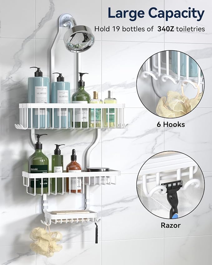 Never Rust Shower Caddy Hanging, Aluminum Shower Racks for Inside Shower, 3-Tier Shower Organizer Hanging Over Shower Head with Hooks and Soap Holder, White