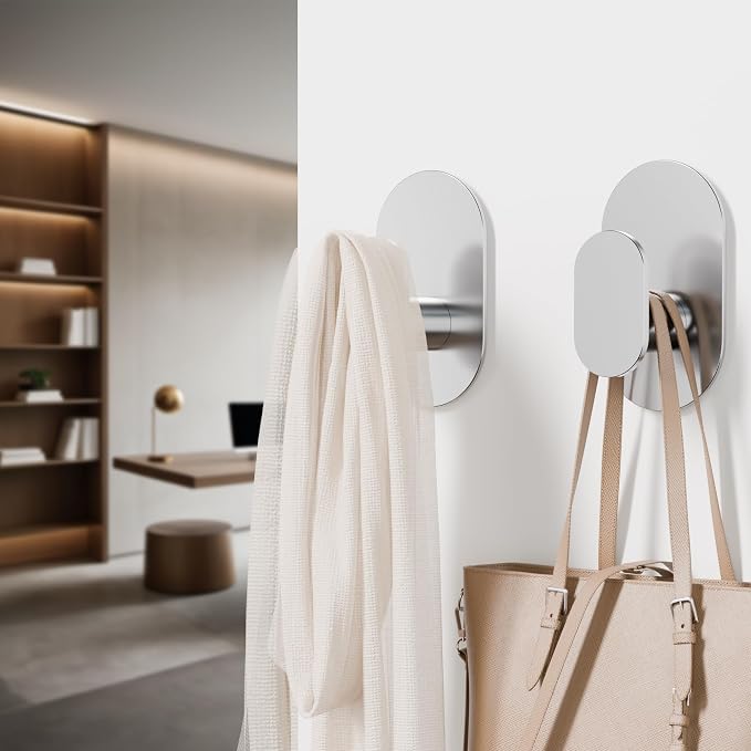Aikzik Adhesive Towel Hooks - 26LB Heavy Duty Wall Sticky Waterproof Hooks for Hanging Coat, Towel, Robe, Wall Mount Stainless Steel Hooks for Bathroom or Kitchen (Silver, 2 Pack)