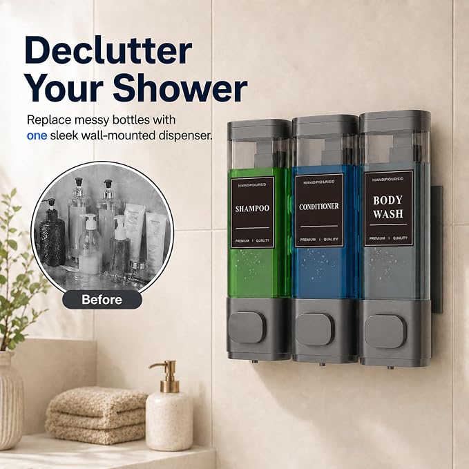 Shampoo and Conditioner Dispenser – Wall-Mounted Shower Soap Dispenser, No-Drill Installation, Lockable, 900 ml Capacity,for Bathroom & Hotel or Airbnb (Gun Gray, 3-Pack)