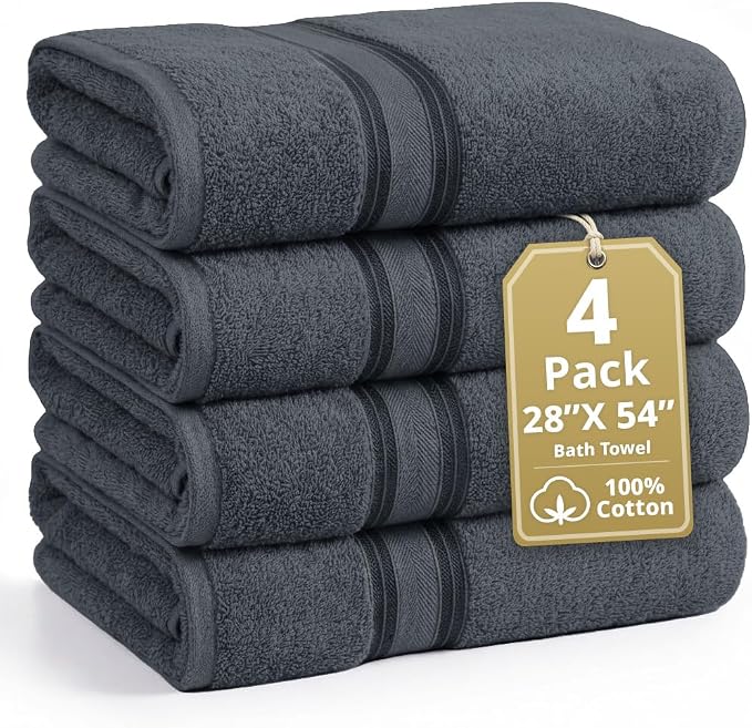 LANE LINEN Bath Towel Set 100% Cotton 4 Piece Soft Absorbent - Cool Grey | Shower Towels - Generously Sized, Oversized & Roomy, Lightweight & Breathable, Fade-Resistant Color, Classic Terry Weave