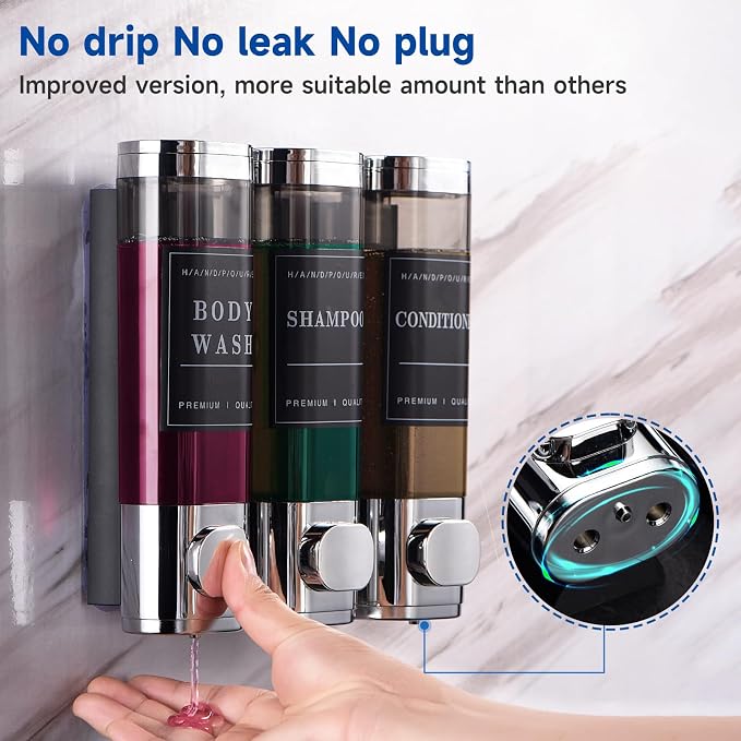 Shower Soap Dispenser Wall Mounted No Drill Shampoo Dispenser for Shower Wall Shampoo and Conditioner Dispenser Bathroom Hotel 3 * 300ml Chrome Self