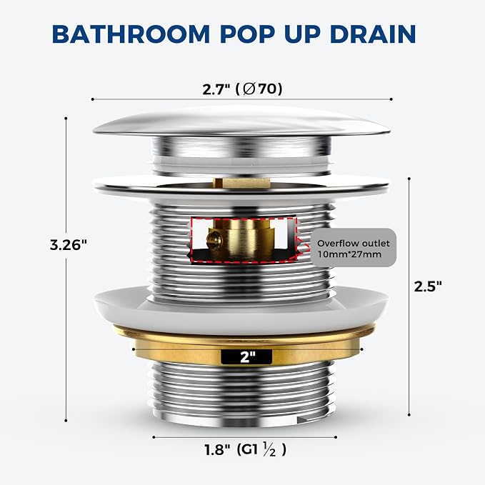BOTEMY Solid Brass Pop-Up Drain with Overflow for Freestanding Tubs, Tool-Free Installation Bathtub Drain Stopper with Chrome Finish, Big Cap Fit 1.8" Hole, Leak-Proof Heavy Duty（Chrome）
