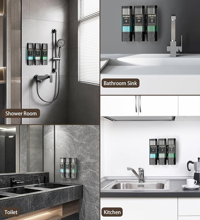 Luxspire Shampoo and Conditioner Dispenser, Shower Soap Dispenser 3-Chamber | Lockable Large Capacity 900ml No-Drill Wall-Mounted Shampoo and Body Wash Dispenser for Bathroom Hotel Kitchen Airbnb