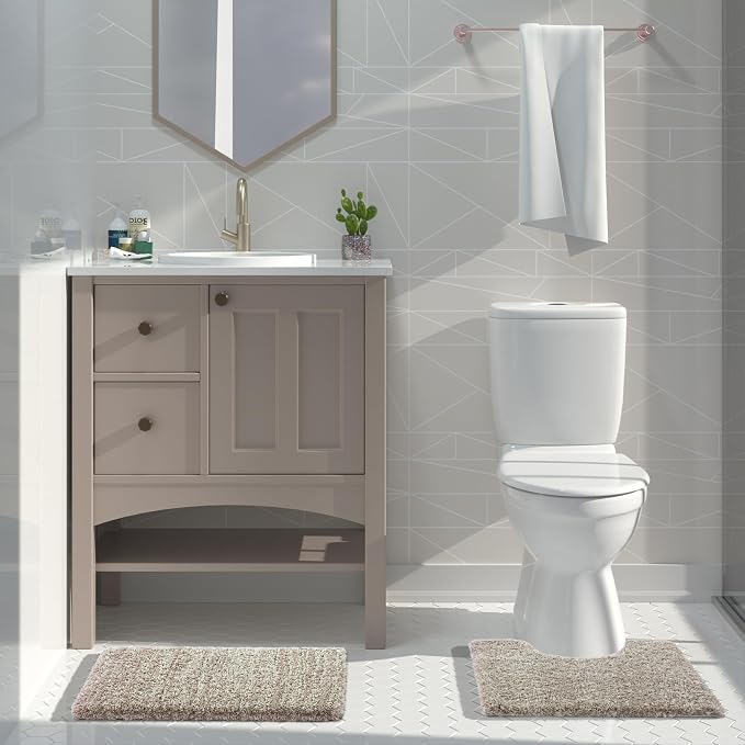 Yimobra Fluffy Bathroom Toilet Rug Set, 24x17+24x20, Light Brown and White | Soft Absorbent Microfiber Bath Mat Set, Non Slip, Machine Washable Quick Dry, Plush Shaggy Shower Rugs for Bathroom Floor