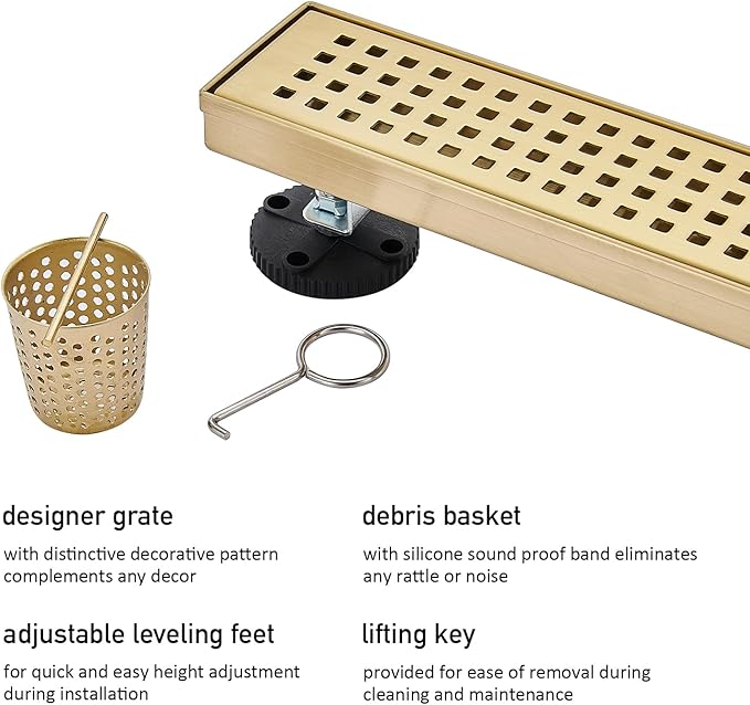 AVSIILE Linear Shower Floor Drain, Brushed Gold 24 Inch 304 Stainless Steel Bathroom Drains Kit, Long Rectangular Shower Trench Drain with Square Pattern Drain Cover & Hair Catcher
