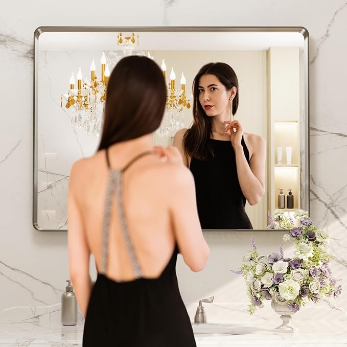 LOAAO 40X24 Inch Brushed Nickel Bathroom Mirror | Rounded Rectangle, Silver Metal Frame, Anti-Rust, Hangs Horizontally or Vertically