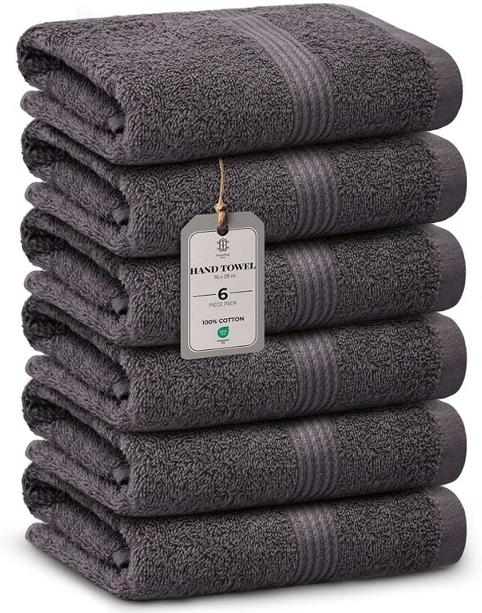 Luxe 6-Piece Hand Towel Set – Soft & Absorbent Cotton, Hotel Quality, Quick-Drying, Easy Care,16 x 28 in (Dark Grey)