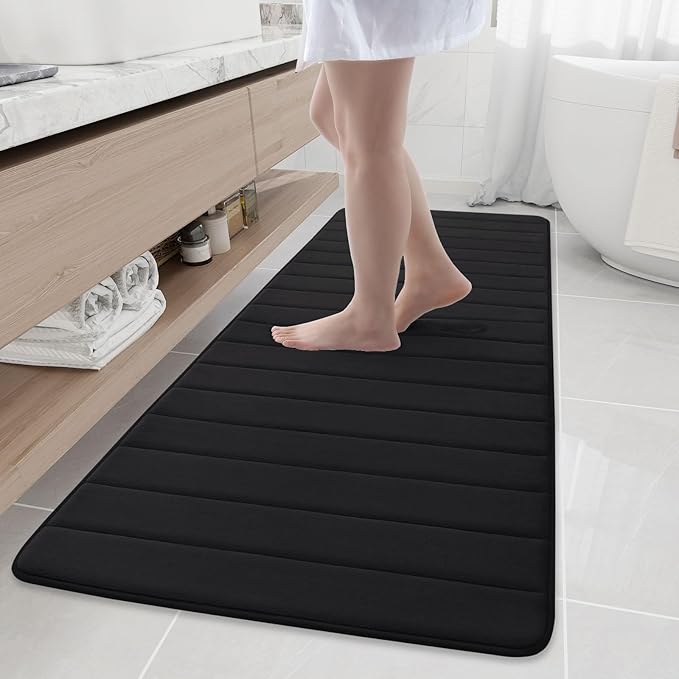 Buganda Memory Foam Bath Mat 70 x 24, Ultra Soft Absorbent Bathroom Rugs | Black, Machine Washable Quick Dry Bath Mats for Bathroom Floor, Shower and Tub, Home Decor Accessories