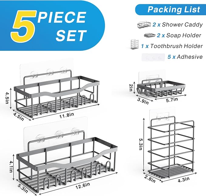 Shower Caddy 5 Pack,Adhesive Shower Organizer for Bathroom Storage&Home Decor&Kitchen,No Drilling,Large Capacity,Rustproof Stainless Steel Bathroom Organizer,Shower Shelves for Inside Shower-Larger