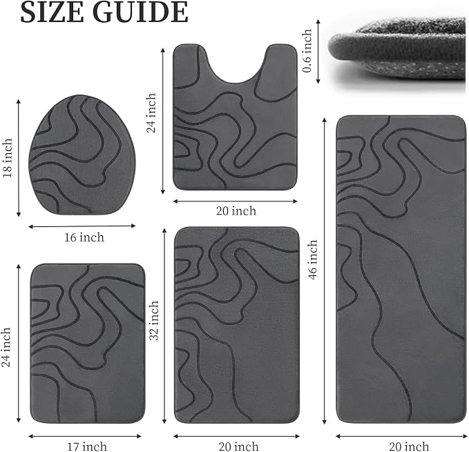 Memory Foam Bathroom Rugs Sets 5 Piece, Ultra Soft Bath Mat, Dark Grey | Ultra Soft, Extra Thick Bath Mat, Absorbent, Non-Slip, Machine Washable, For Tub, Shower & Home Decor Accessories