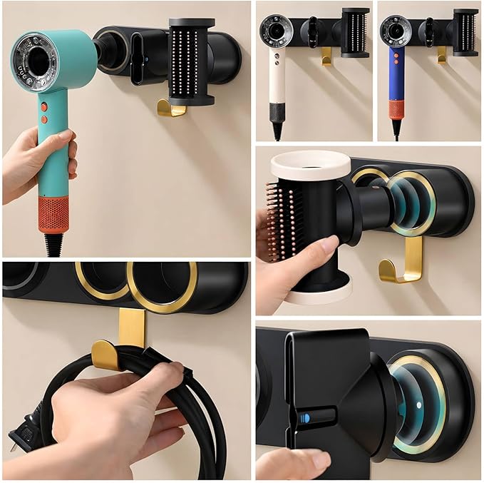 simpletome Magnetic Hair Dryer Holder Wall Mount for Most High Speed Blow Dryer with Plug Cord Organizer Hook (Aluminum Alloy, Black)