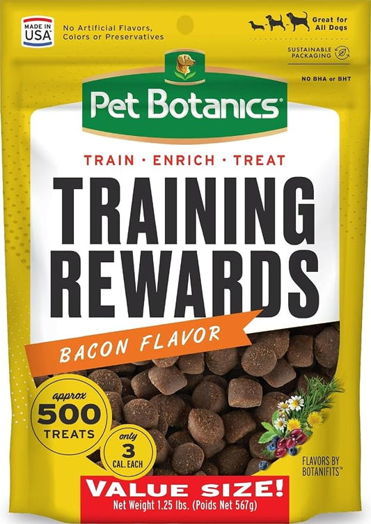 Pet Botanics Training Rewards Soft & Chewy, Bacon Flavor, 20 oz, 500 Treats | 20 oz. Pouch with 500 Treats Per Bag, High-Value Reward for Training, Pork Liver and Real Bacon