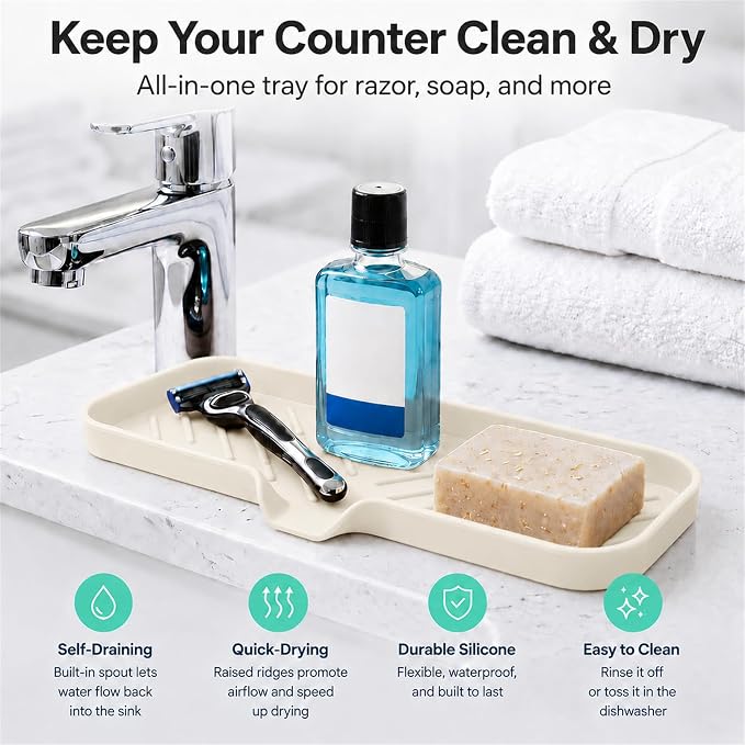 MicoYang Silicone Soap Dish with Drain Spout — Self-Draining Double Sink Organizer Tray for Kitchen & Bathroom, Dispensers, Sponges & Soap Holder, Non-Slip & Dishwasher Safe, Tapioca (Large, 12"×4")