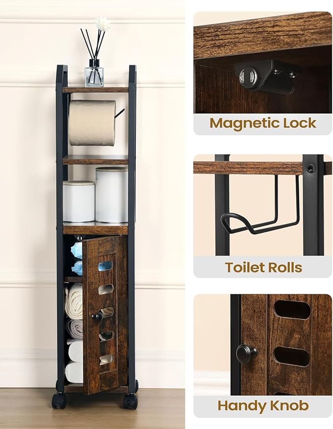 Hzuaneri Bathroom Storage Cabinet - Toilet Paper Storage Cabinet, Small Toilet Paper Holder with 4 Wheels, Bathroom Organizer with Adjustable Shelf, for Small Spaces, Rustic Brown BC04601X