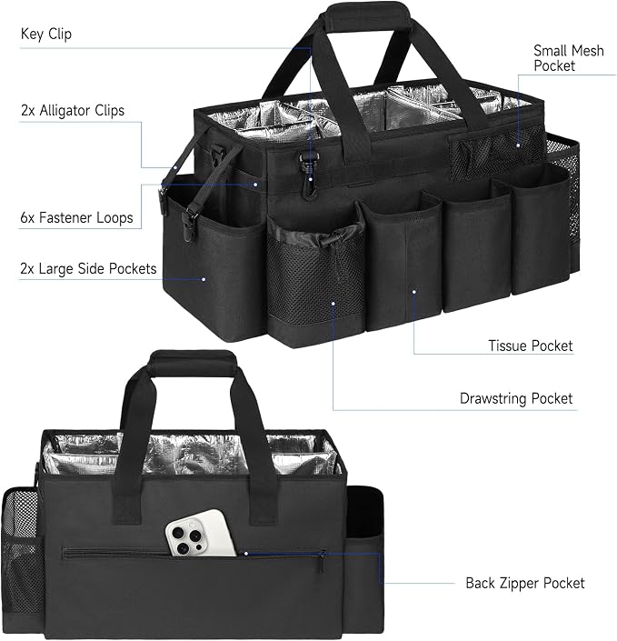 Cleaning Caddy Bag, Extra Large Cleaning Supplies Organizer for Housekeepers, Housekeeping Caddy with Handle and Detachable Padded Cushion, Black