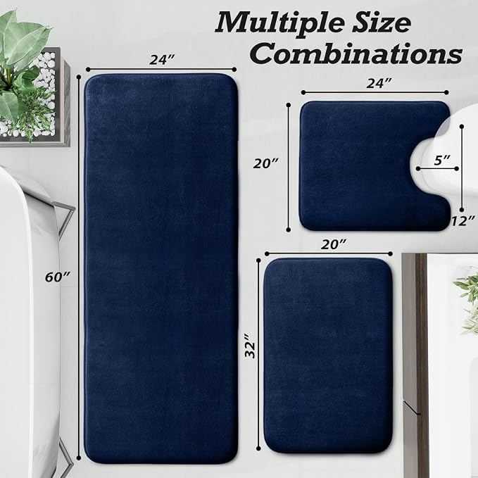 Bathroom Rugs Sets 3 Piece, Non-Slip & Quick Dry Bath Mat Set, Ultra Soft Velvet Bath Rugs for Bathroom, Toilet and Shower Floor, Navy