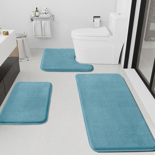 Bathroom Rugs Sets 3 Piece, Non-Slip & Quick Dry Bath Mat Set, Ultra Soft Velvet Bath Rugs for Bathroom, Toilet and Shower Floor, Lake Blue