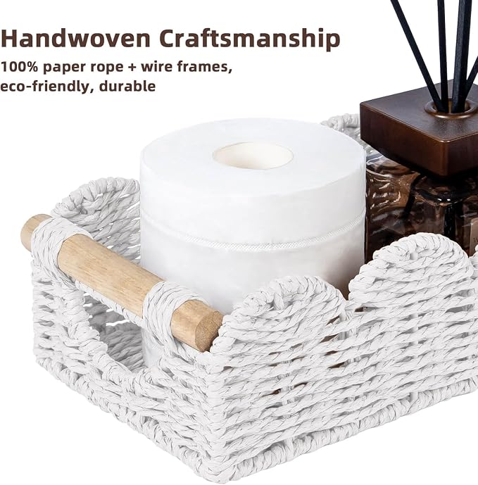 CubesLand Bathroom Basket Organizer w/Cut Out Handle, Back of Toilet Paper Storage Baskets for Bathroom Countertop Decorative, Small Scalloped Wicker Basket Also for Home Decor, Living Room, White