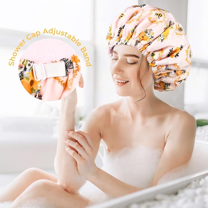 Shower Cap for Women Terry Lined Bee Bath Cap Large Reusable Waterproof Elastic Band Beekeeper Shower Caps for Long Thick Hair Soft Bath Shower Hair Caps