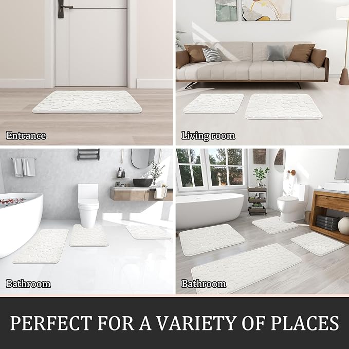 YIHOUSE Bathroom Rugs Mat Set, Memory Foam Bath Mat 2 Piece White | 17x24&20x46, Non Slip, Water Absorbent, Washable, Bath Mat For Bathroom, Sink and Toilet