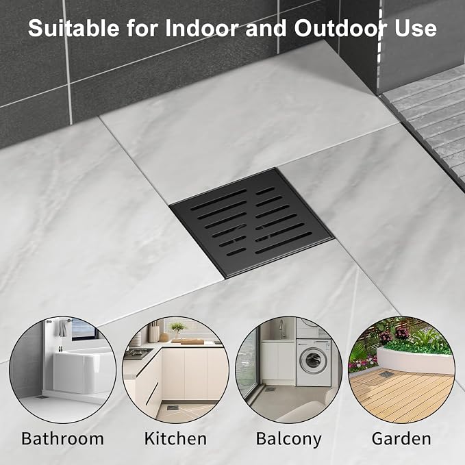 6 Inch Square Shower Drain, EMBATHER 304 Stainless Shower Floor Drain and Shower Drain Cover Included Hair Catcher and Leveling Feet, Black