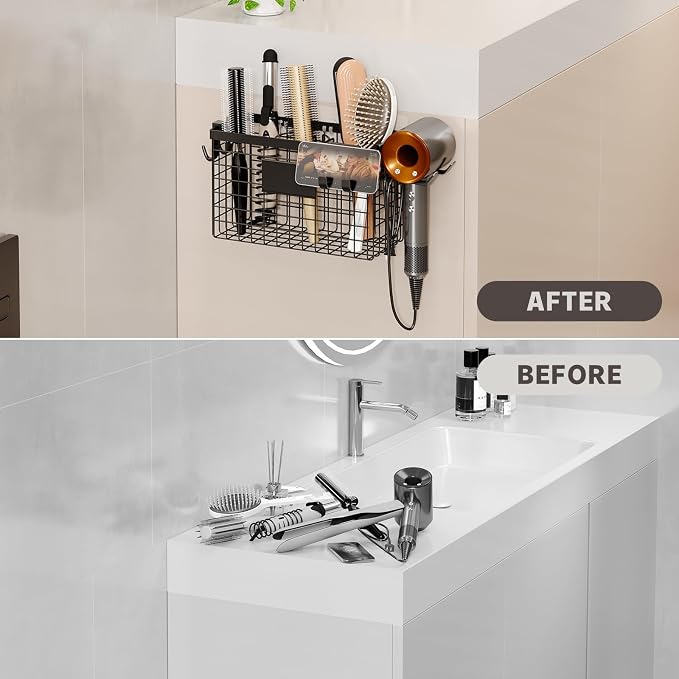 Magheo Hair Dryer Holder Cabinet Door 3-in-1 Adhesive Hair Tool Organizer Wall Mounted Adjustable Height Blow Dryer Holder Under Sink Bathroom Hair Appliance Organizer and Storage Countertop(Black)